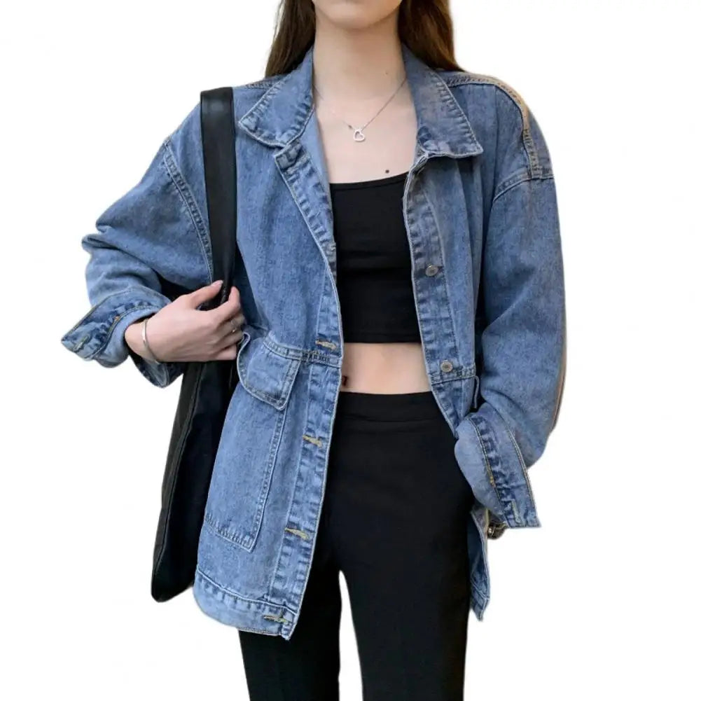 Women Jacket Washed Denim Single-breasted Cardigan Buttons Keep Warm Long Sleeves Turn-down Collar Women Coat Female Clothes Blue