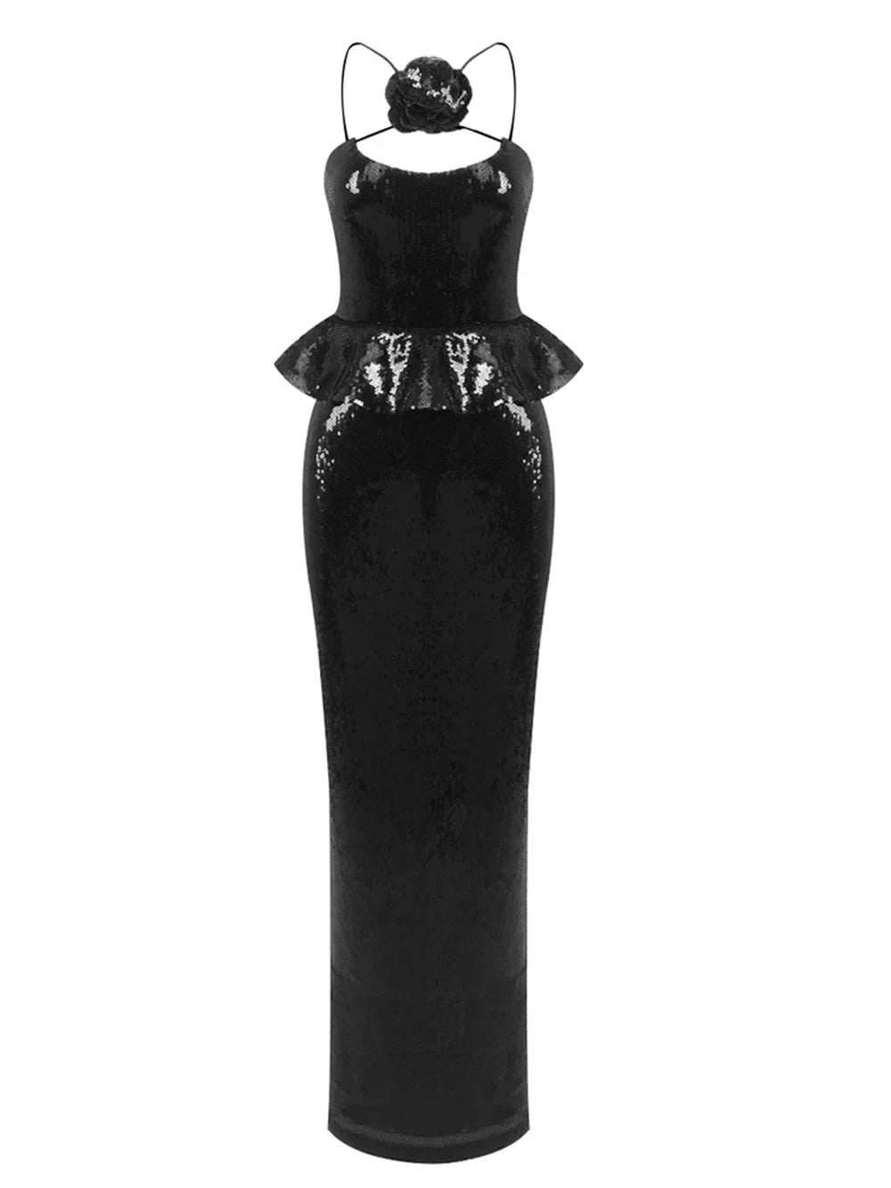 2025 Sexy Women Sequined Long Dress Spaghetti Strap Sleeveless Three-Dimensional Flower Decoration Backless Dress Party Vestidos