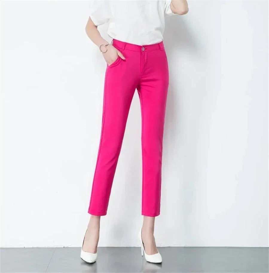 High Waist Office Elegant Slim 90cm Ankle-length Trousers Pencil Pants Women Spring Summer S-4xl Casual Formal Pantalones rose red
