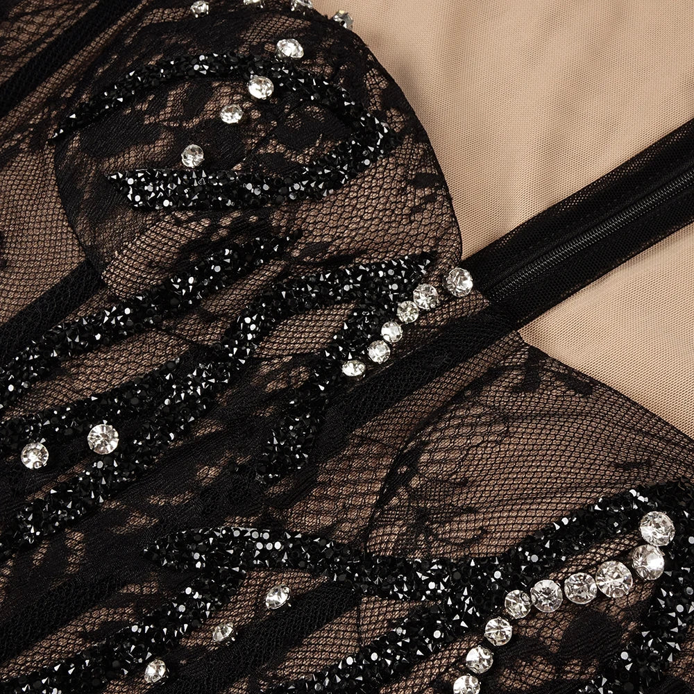 Elegant Sexy Black Sequins Pearl Lace-Sheer Long Sleeves Mermaid Dress for Formal Event Dinner Gown