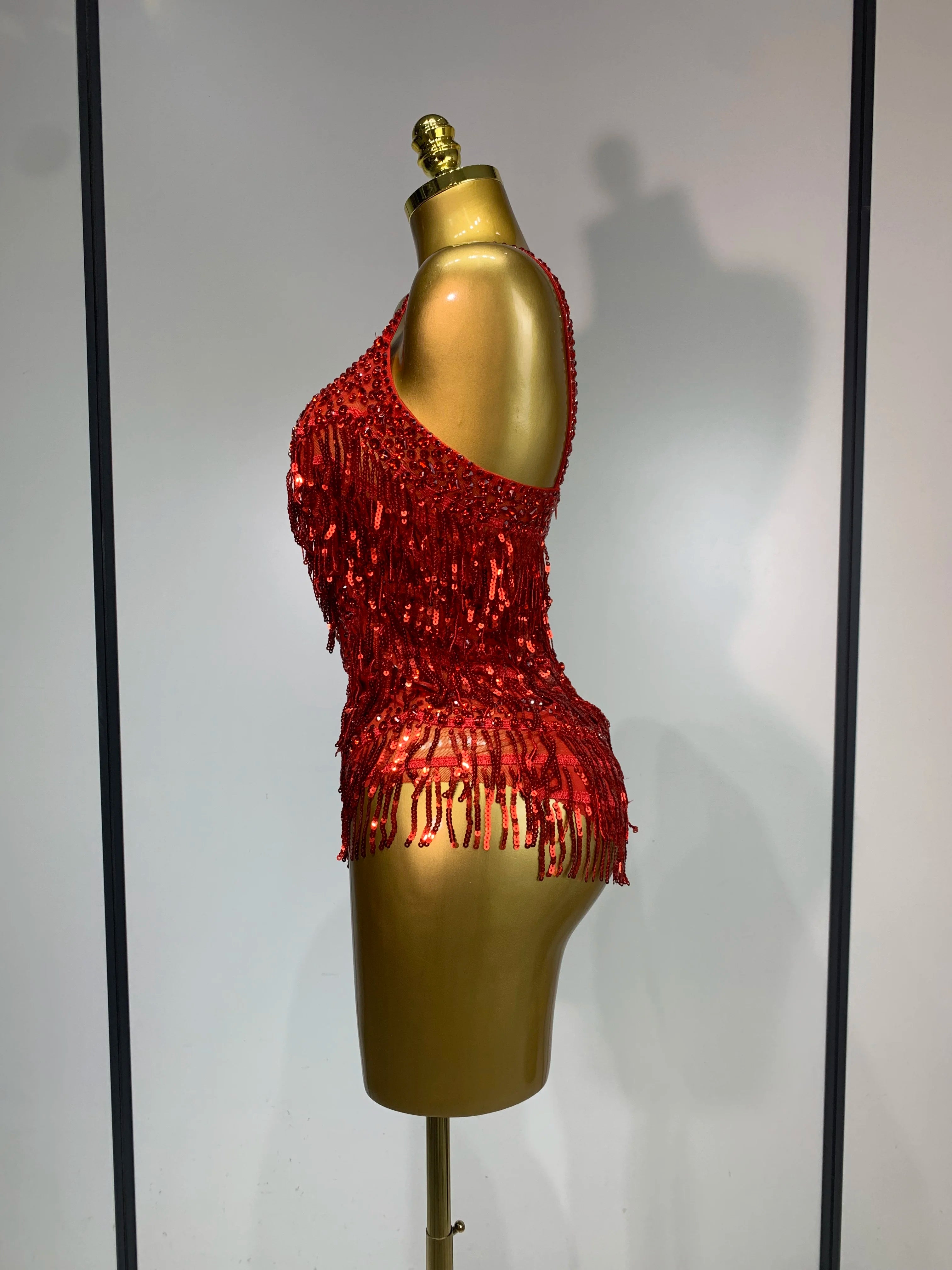 Sparkly Rhinestone Tassel Sexy Backless Mesh Bodysuit Women Luxury Birthday Party Nightclub Bar Dencer Stage performance Costume