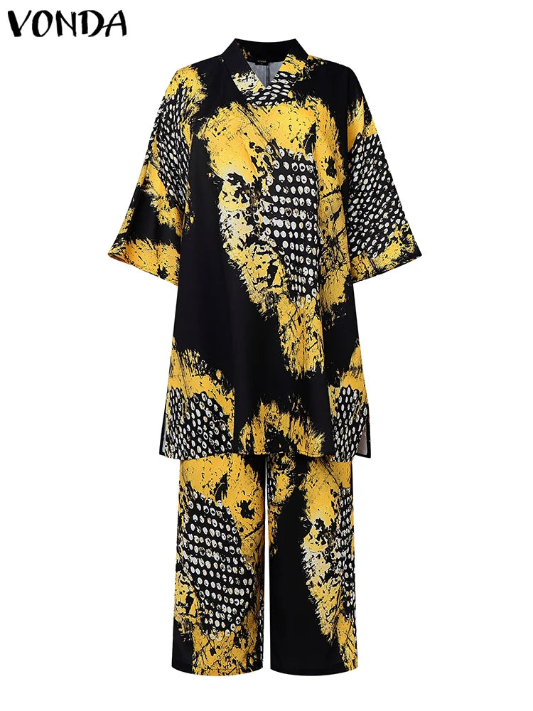 Plus Size 5XL VONDA Women Vintage Pant Sets Print Long Top and Wide Leg Pants Casual Loose 2pcs Two-piece Summer Bohemian Outfit Yellow