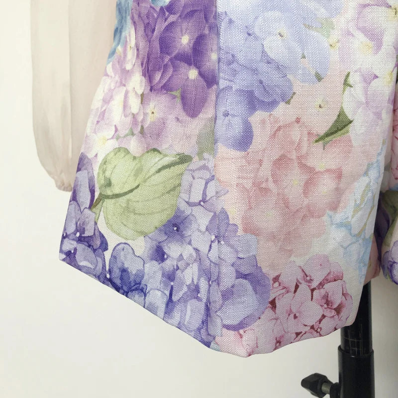 Real Shot In Stock Australian Spring Summer Celebrity Liu Shishi Same Style Purple Floral Long Sleeve Shirt + Shorts Set