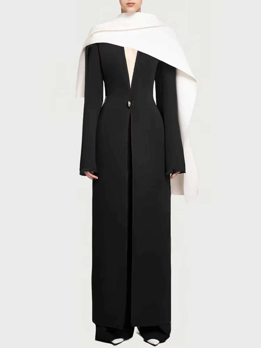 Solid Slimming Spliced Button Minimalist Jackets for Women V Neck Long Sleeves Patchwork Cape Jacket Female Fashion BLACK