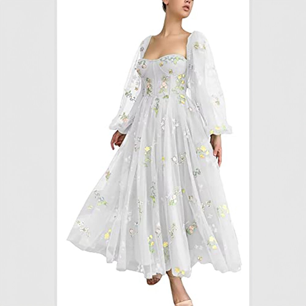 Robes de soirée élégantes, col carré, magnifiques manches bouffantes, robes de soirée à lacets