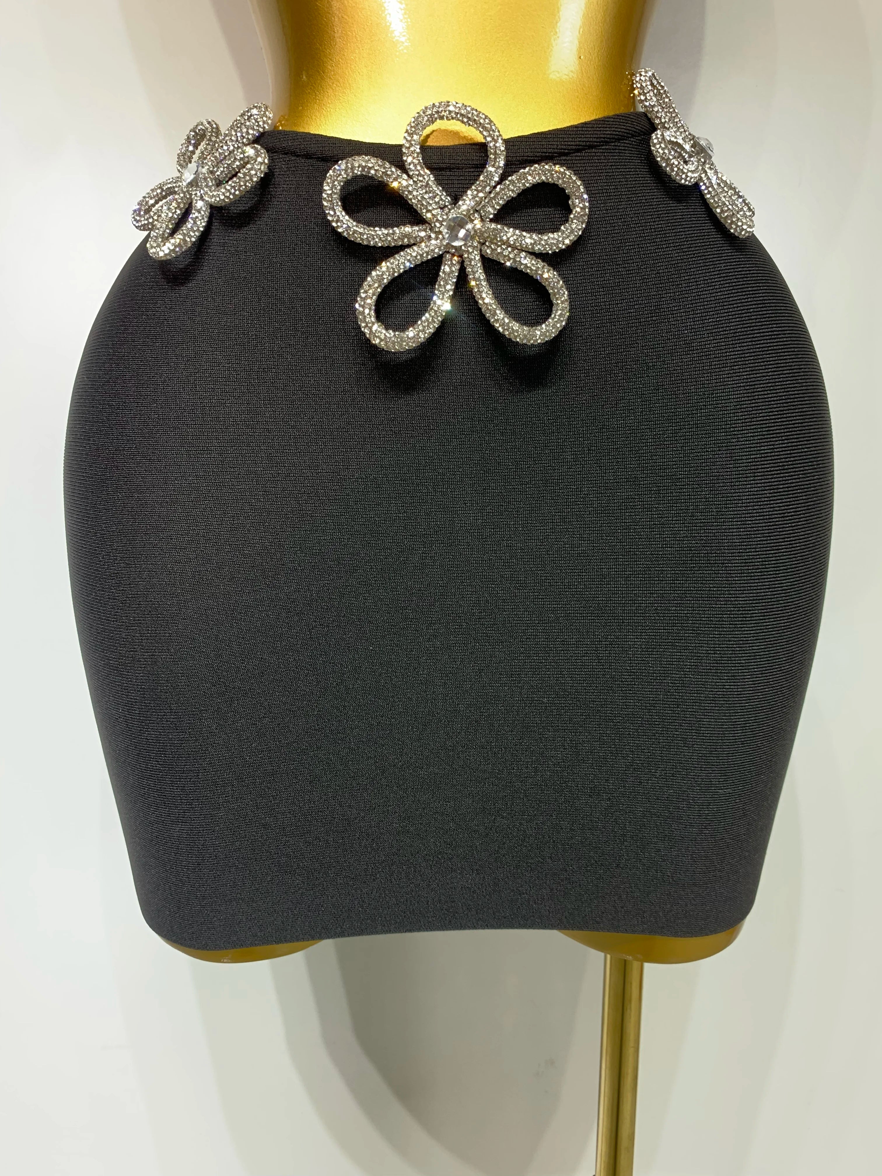 Women Celebrity Sexy Crytal Flower Black Mini Bandage Skirt Suit 2025 Knitted Elegant Evening Club Birthday Party Two Pieces Set