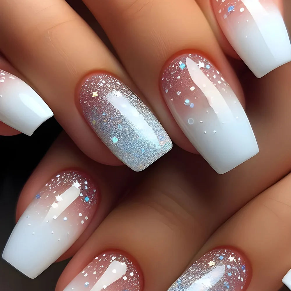 24pcs/set short medium fake nails shinny sparkling glitter square ballet nail tips starry star cat eyes press on false nail art 1723