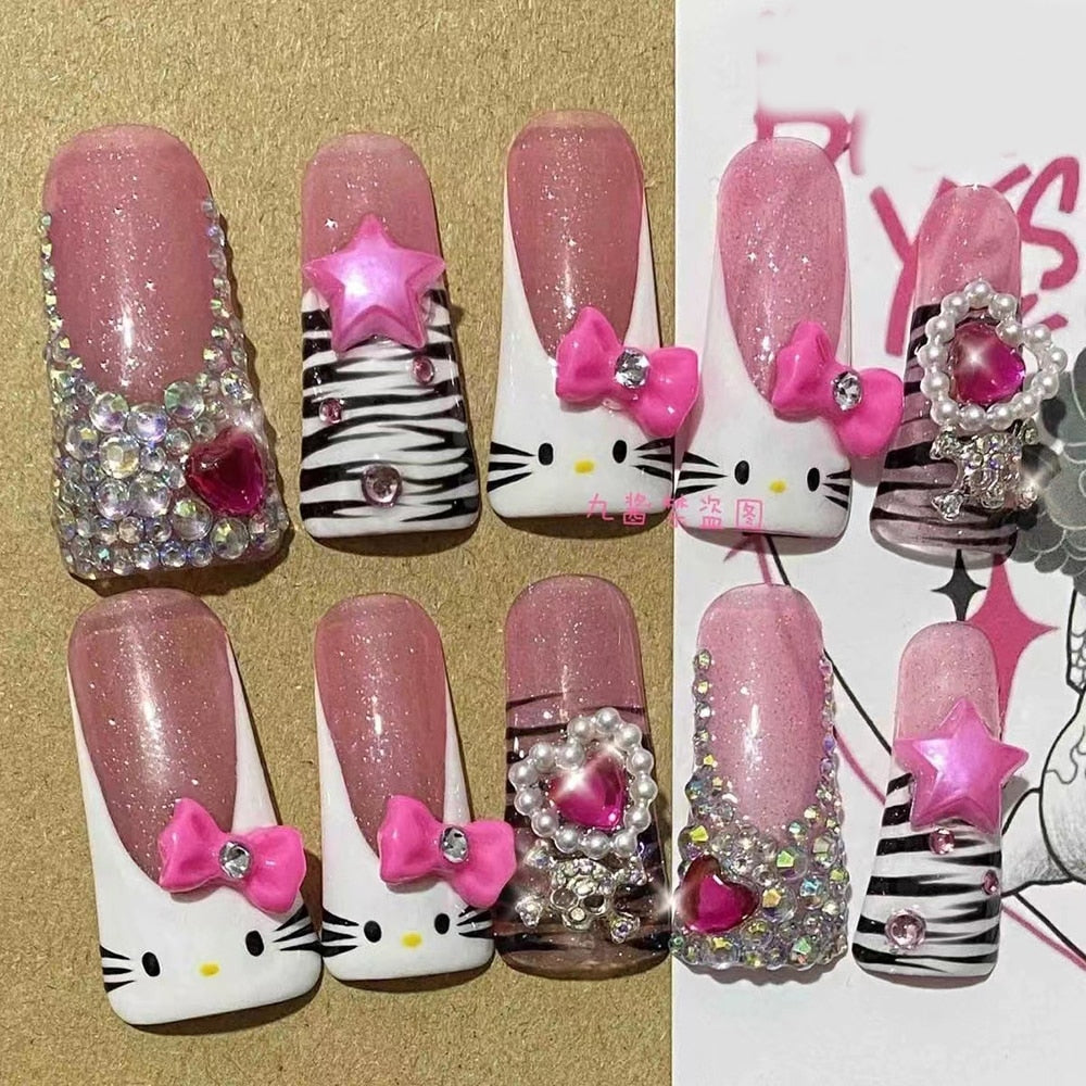 Été plage voyage vacances Hello Kitty conque ongles fille bleu jeunesse travail manuel personnalisable faux ongles fille soeur cadeau