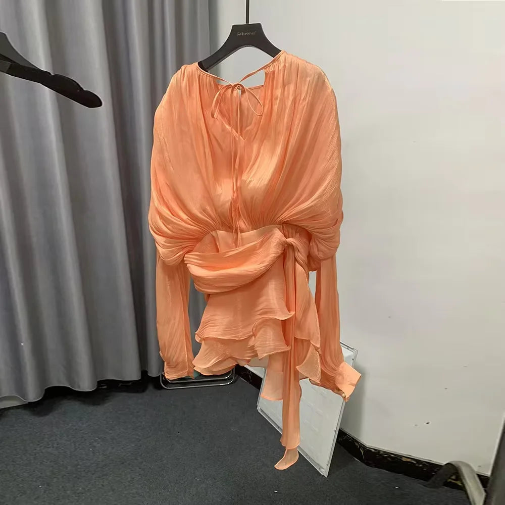 Solid Loose Spliced Folds Elegant Dresses for Women Round Neck Long Sleeves Patchwork Lace Up Tunic Dress Female LIGHTORANGE