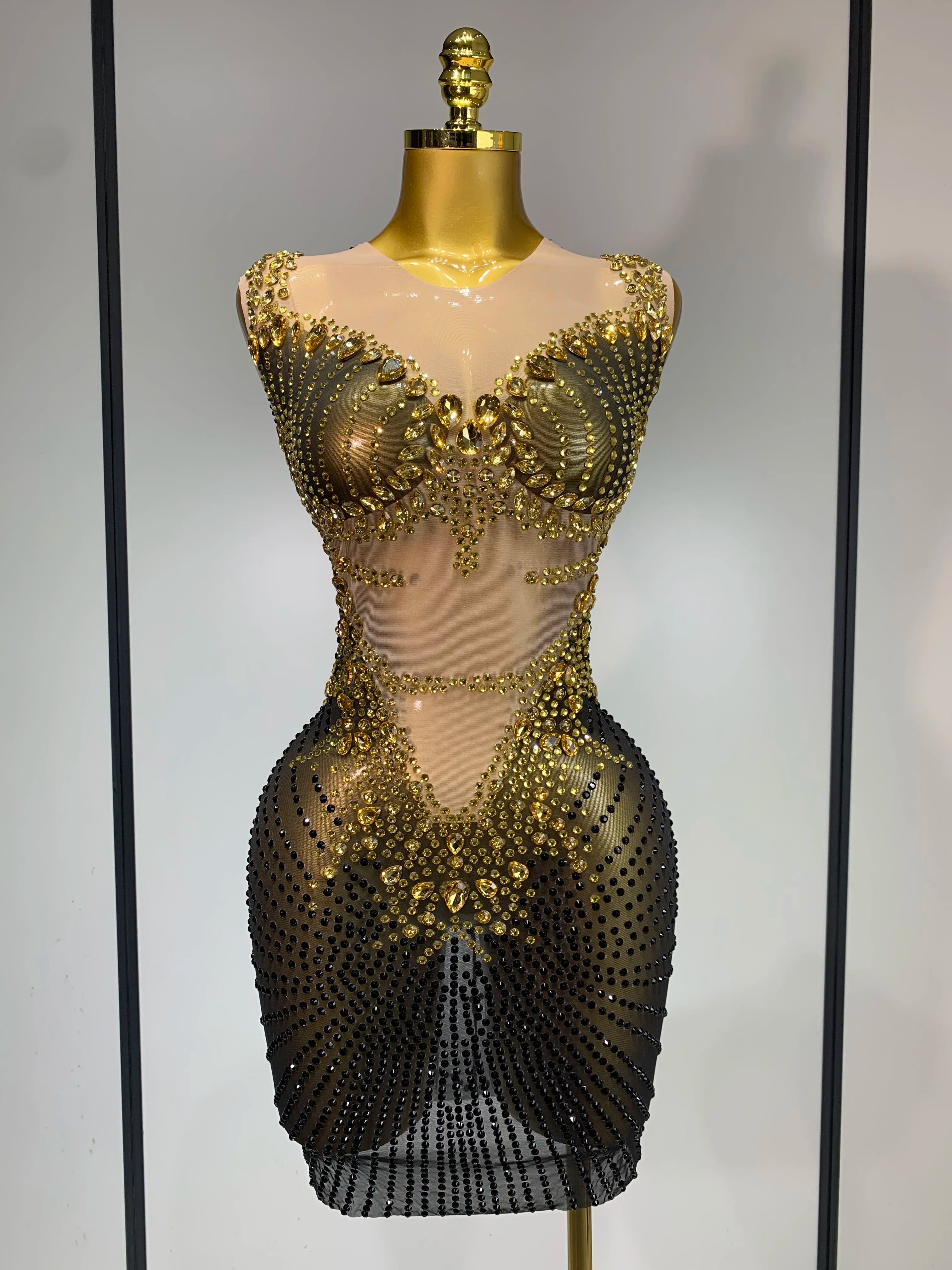 Sparkly Gold Rhinestone Transparent Sleeveless Mini Dress Evening Birthday Celebrate Party Nightclub Dance Performance Outfit black
