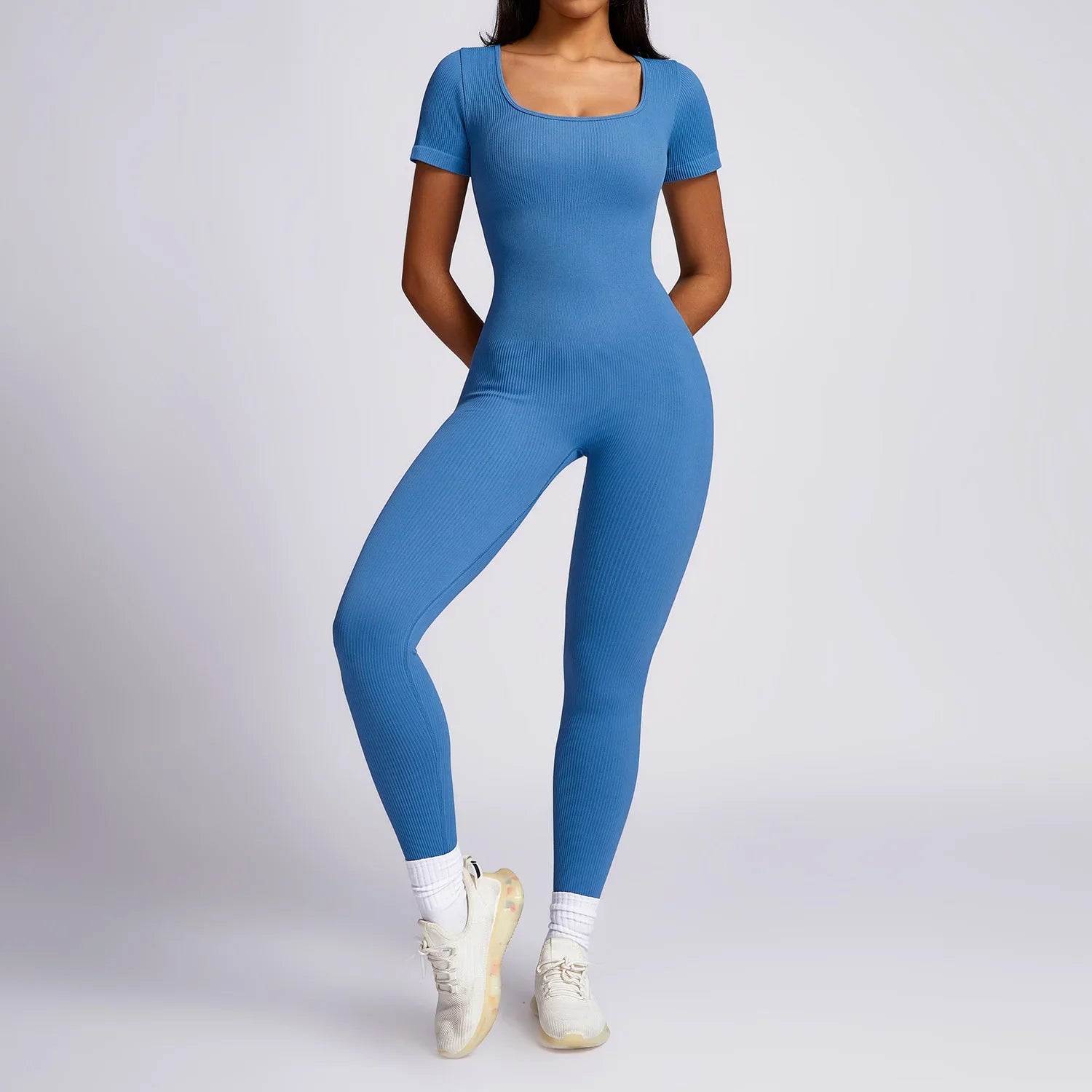 New Yoga Suits Fitness Outfit Female One-piece Jumpsuits Women Sporty Workout High-strength Thread Short-sleeved Fitness Suit Fog blue