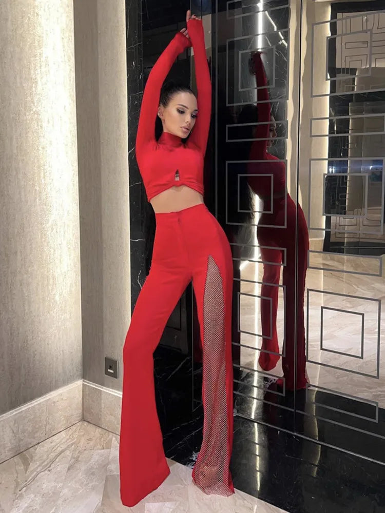 Top Quality Celebrity Black White Red Rayon Bandage Flare Pants Fashion Diamond Keyholes Bodycon Full Length Pants