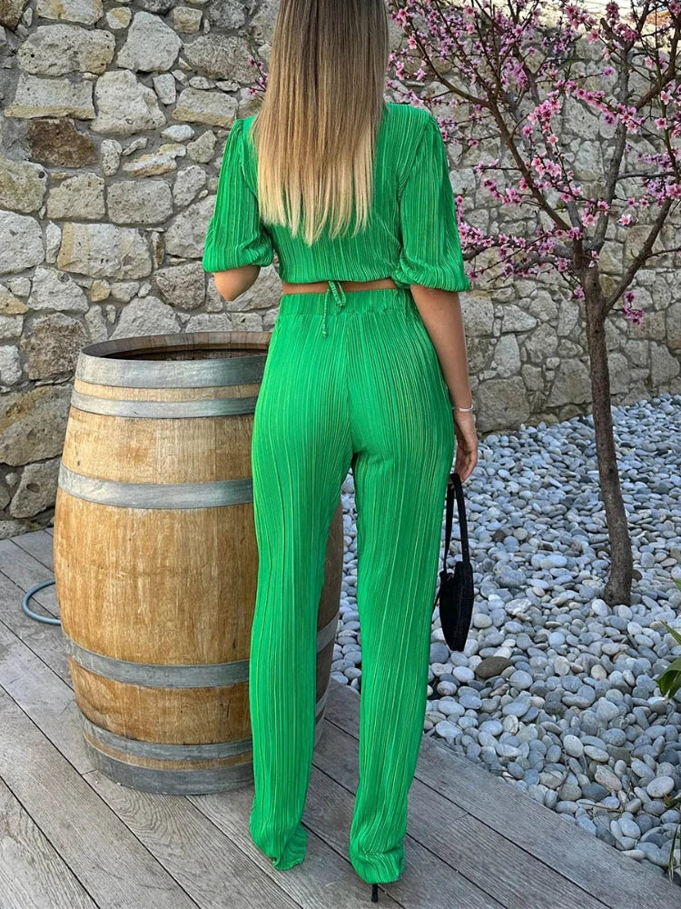Pant Sets Summer Outfits for Women Casual Straight Leg Trouser Set New Solid Color Suit Short Sleeve V-Neck Two Piece Set