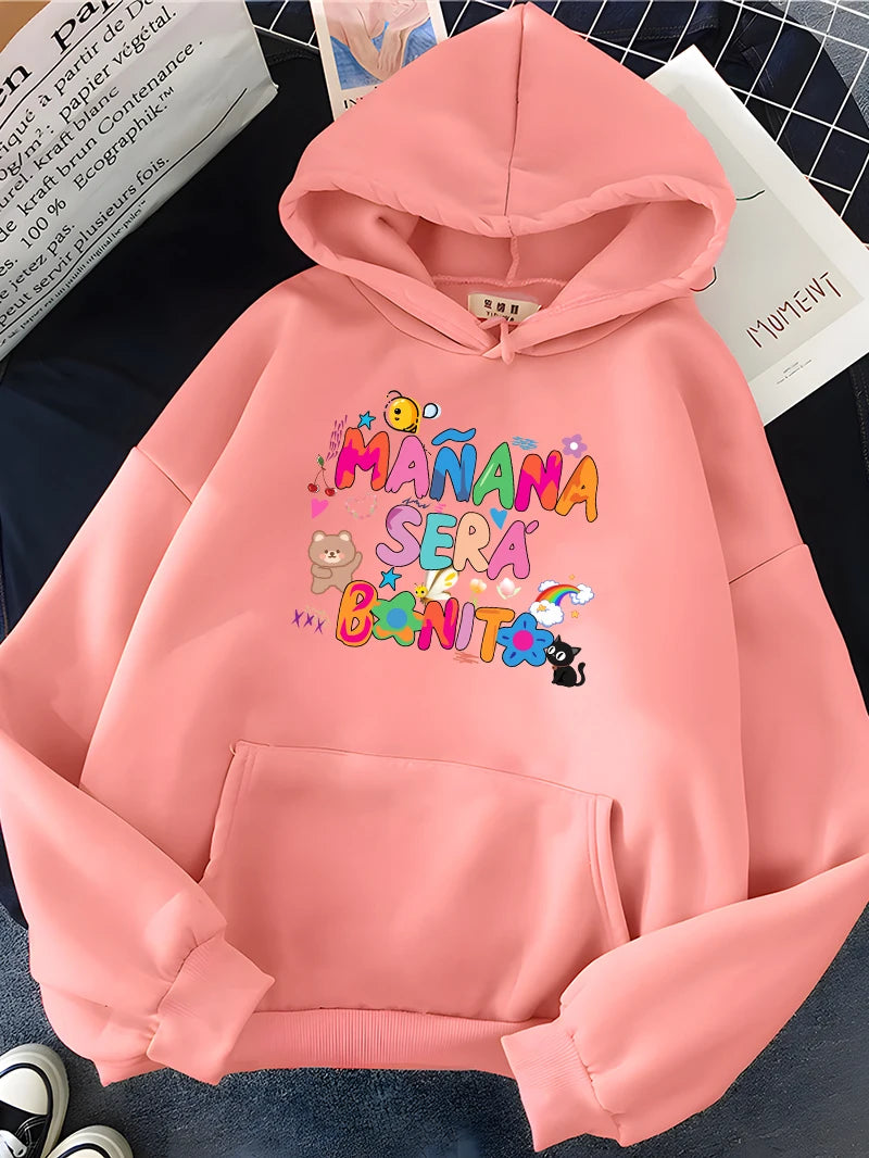 Rainbow Letter Print Women Sweatshirt Soft Warm Casual Female Hoodies Autumn Loose Fleece Tops for Girls Pink