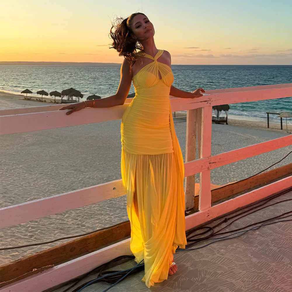 Yellow Color Women Sexy Halter Off the Shoulder Bodycon Long Mesh Dress Celebrate Birthday Party Vacation Girls' Dress