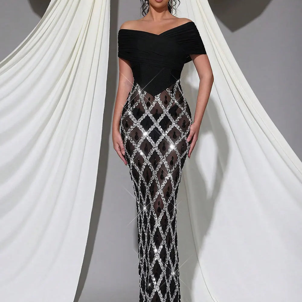 2025 Spring Sexy Women's Chiffon Patchwork Sparkle Nail Bead Long Dress V-neck Short Sleeve Bodycon Dress Cocktail Banquet Dress