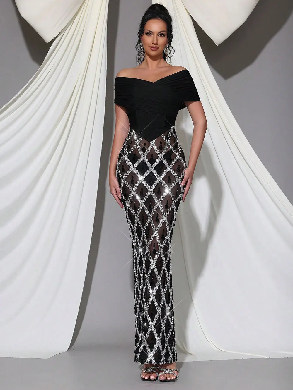 2025 Spring Sexy Women's Chiffon Patchwork Sparkle Nail Bead Long Dress V-neck Short Sleeve Bodycon Dress Cocktail Banquet Dress