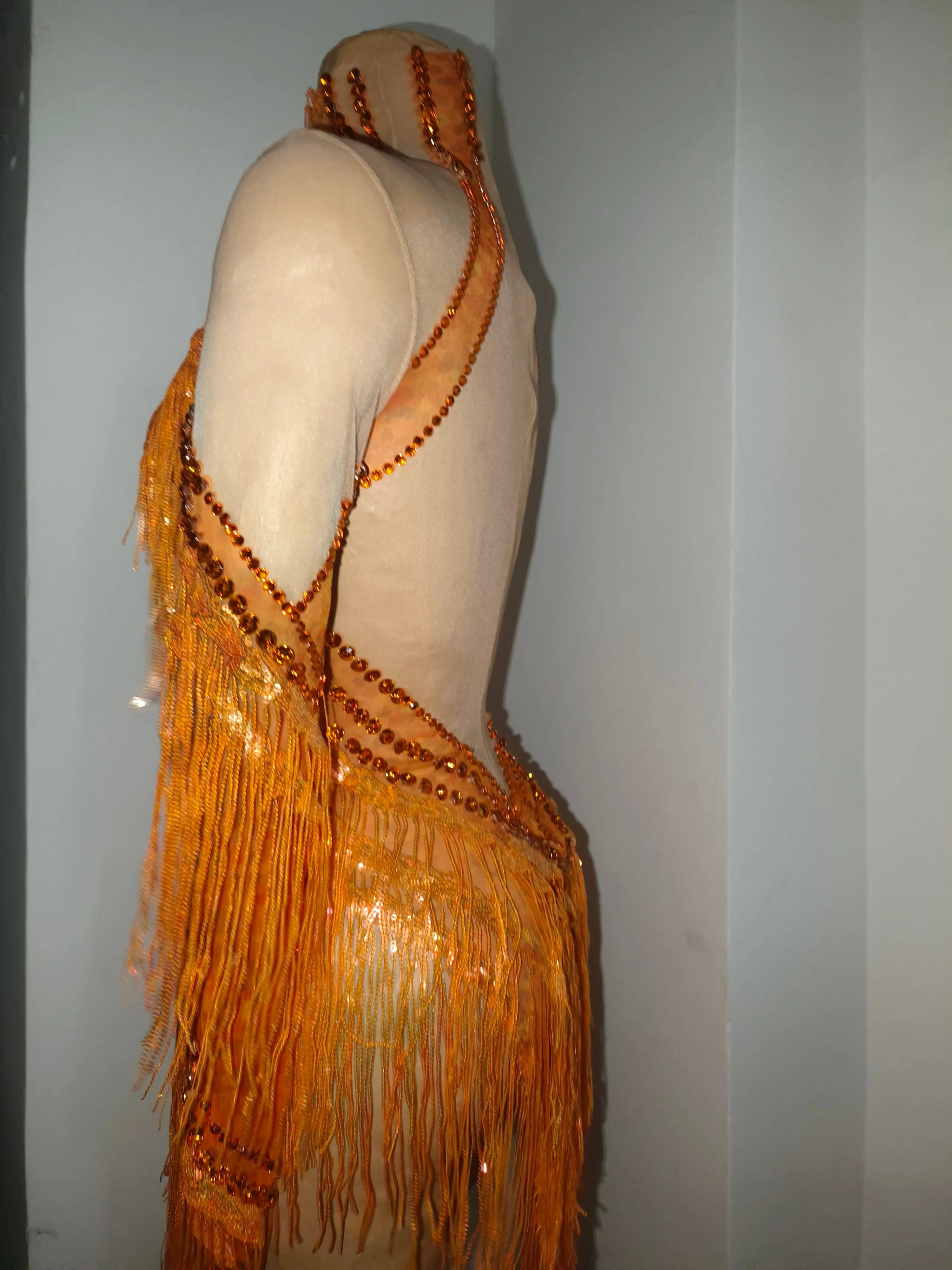 Sparkly Orange High Neck Dress Women Sheer Mesh Rhinestone Fringe Embellished Latin Dance Performance Costume