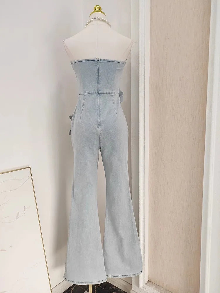 3D Appliques Flower Strapless Demin Jumpsuits For Women Off Shoulder Sleevelss Solid Color High Waist Full Length Overalls New