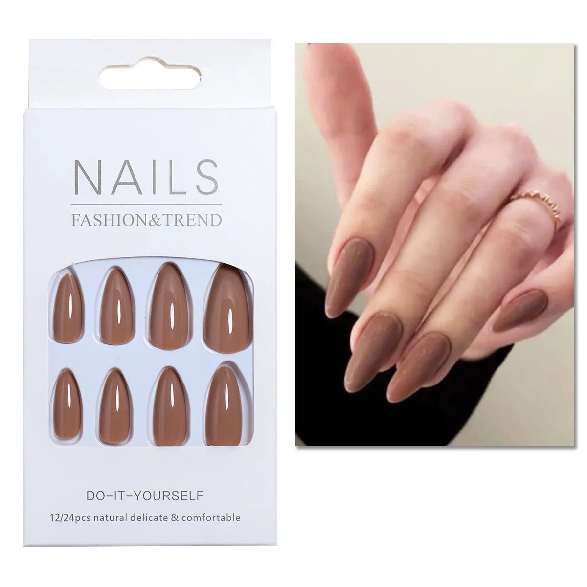 24pcs/set nude brown white fake nails for fall winter season french almond tips faux ongles press on false nail supplies 717