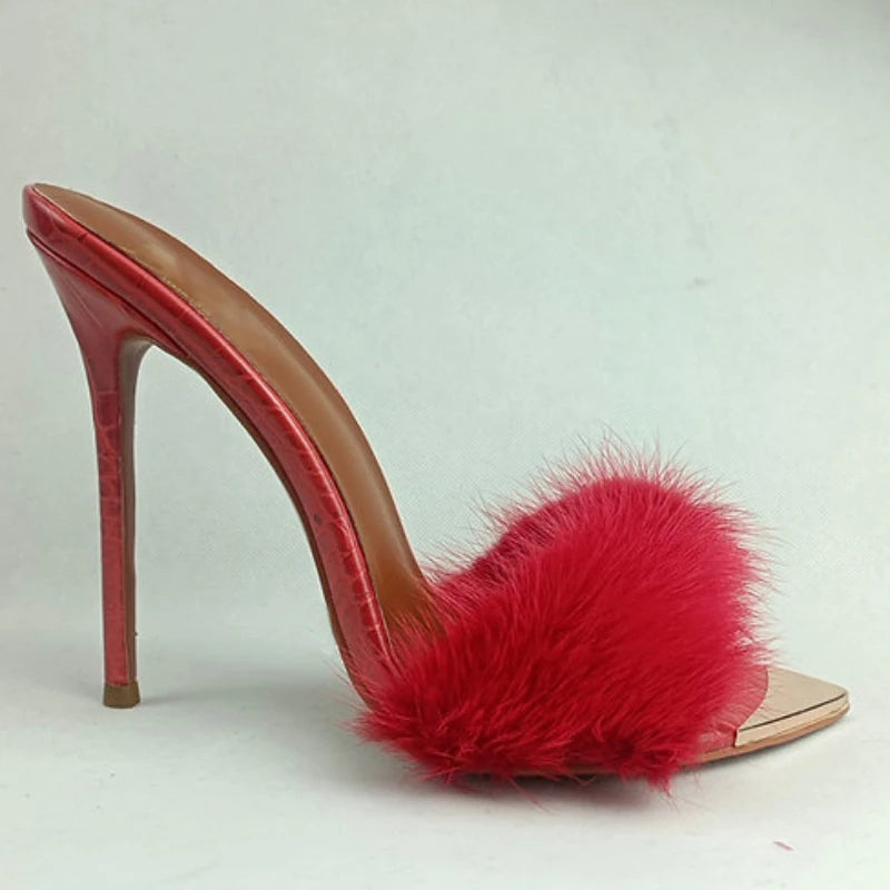 Summer Furry Mules Shoes Peep Toe Thin Heels Slippers Women Sxy Metal Decoration Pointed Toe Gladiator Sandals Party Stiletto Red