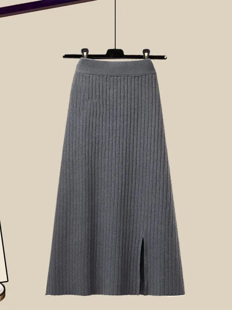 Spring Autumn Large Size Women's Shawl Shirt Three-piece Set+High Waist Knitting Half-body Skirt Set Women Fashion 3 Piece Set