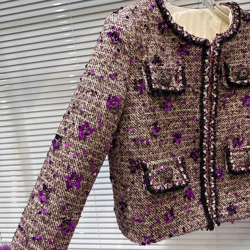 Winter New Fashion High-End Fox Fur Cuff Sequin Tweed Cotton Lined Short Coat For Women Elegant Jacket Female 11A07859