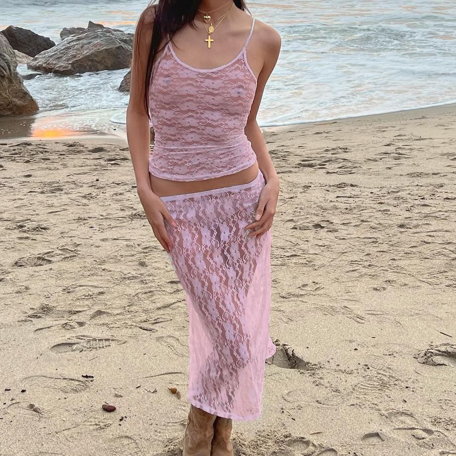 Women y2k Skirt Sets Suit 2Pcs Suit Lace Flower See Through Sleeveless Camisole + Wrapped Midi Skirt Summer Beach Outfits Pink