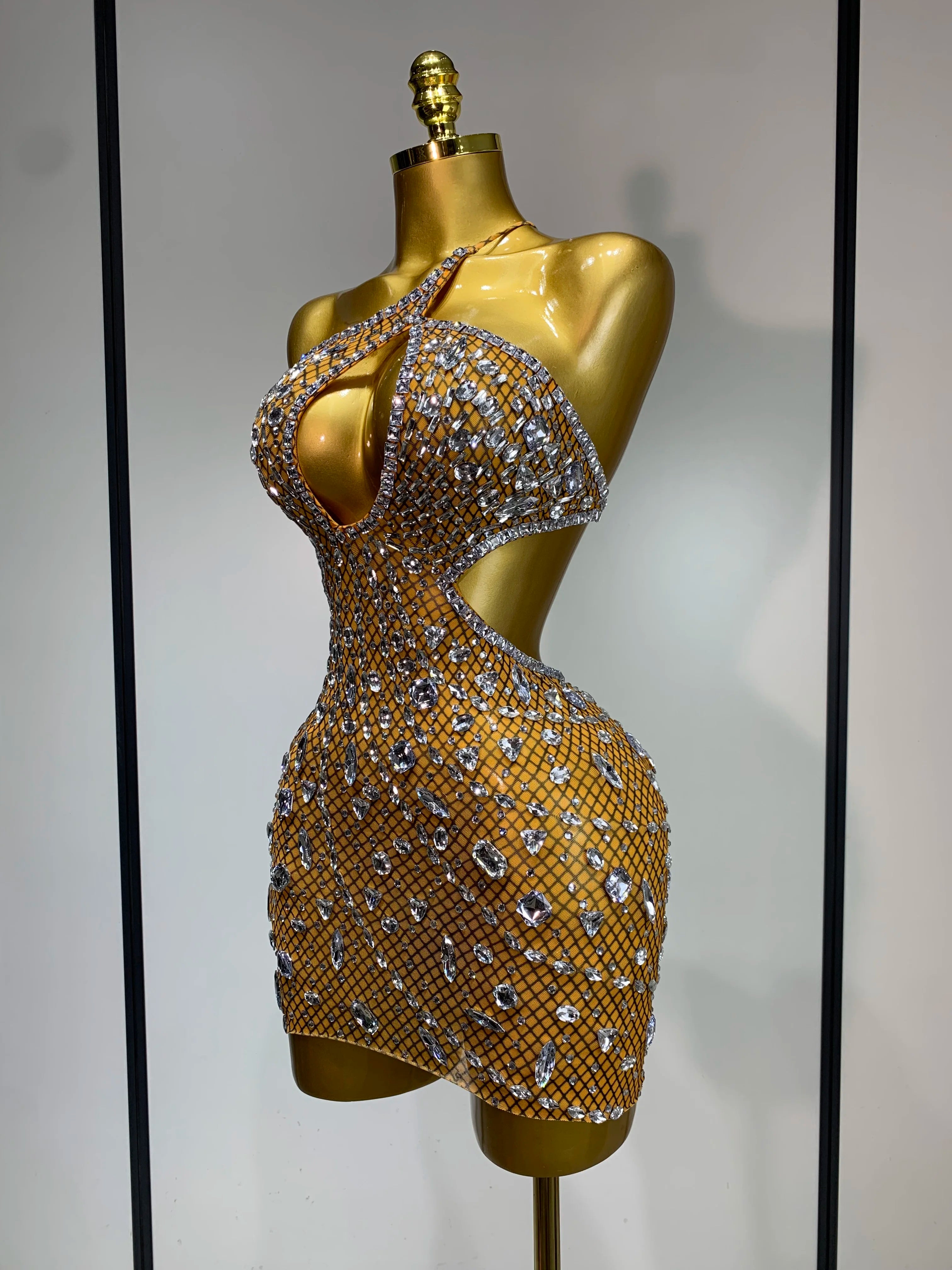 Sparkly Rhinestones Backless Mini Dress Women Sexy Mesh Transparent Celebrate Evening Birthday Dress Photo Shoot Stage Wear