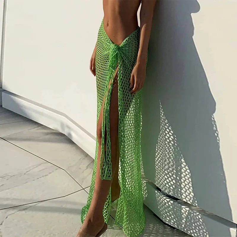 Women Long Skirts Beachwear Summer Holiday Hollow Out Sexy Fishnet Skirt Y2K Fashion Tie Up Bandage See Through Maxi Outfits Green One Size