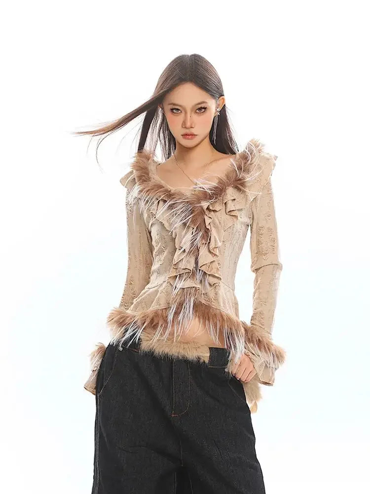 Solid Fashion Spliced Fur Sweater for Women V Neck Long Sleeve Patchwork Ruffles Fold Pullovers Female Clothing New