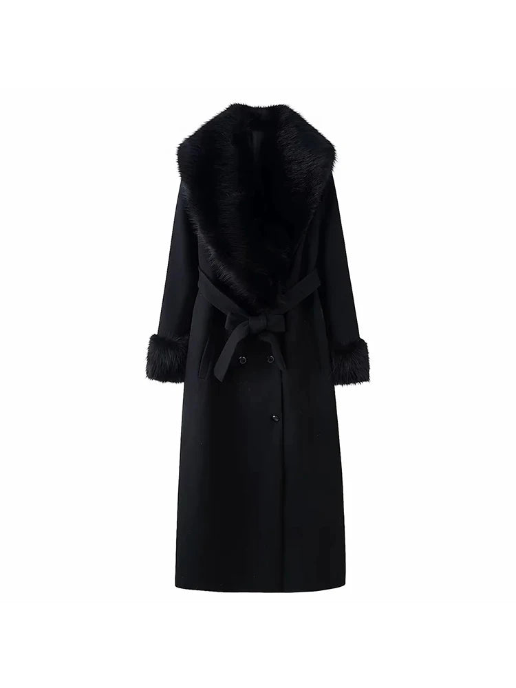 Women New Slim Black Faux Fur Woolen Patchwork Women Long Coat Chic Belt Full Sleeve Button Female Outwea Coats
