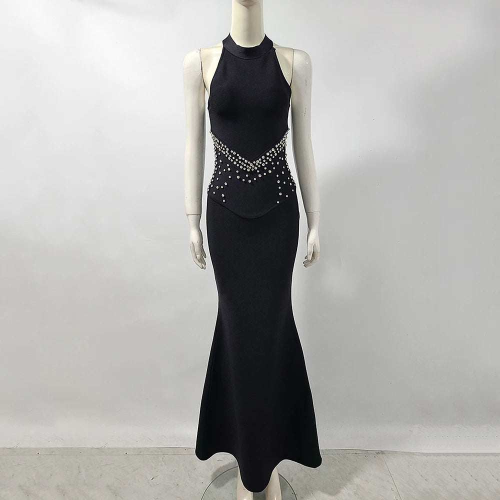 Elegant Black Halter Bandage Maxi Dress with Diamond Bodycon Sleeveless Vestidos Celebrity Party Runway Occasions Evening Gown black