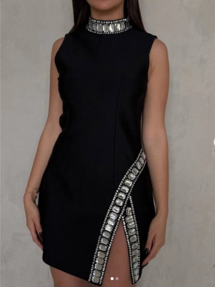 Women Sleeveless Sexy O-Neck Big Crystal Bodycon Bandage Mini Dress Nightclub Party Celebrate Fashion Birthday Wear