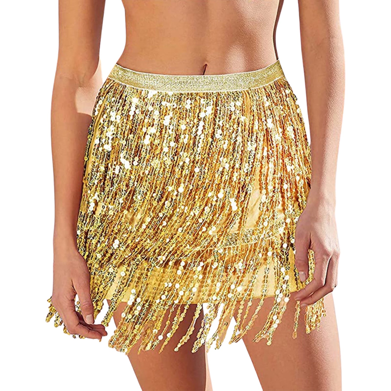 Women Sequined Fringe Skirt Glitters Elastic Waist Miniskirt Mini Skirt for Dance Rave Party Black/Silver/Gold/Red Gold