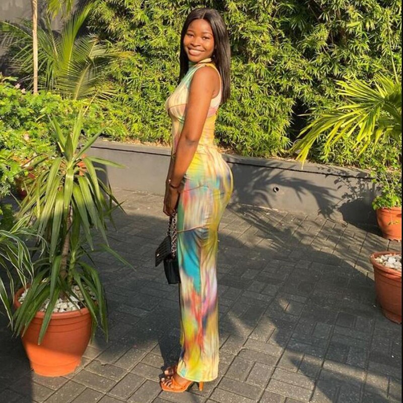 Women Halter Aesthetic Colorful Tie Dry Maxi Dress Hipster Striped Patchwork sleeveless Straight Robe Female Streetwear