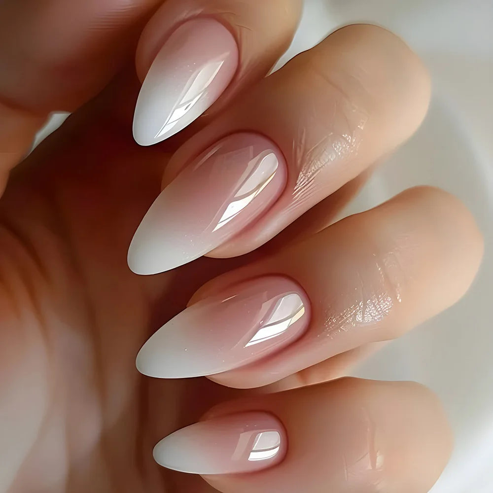 24pcs French Almond Fake Nail Sweet Pink White Gradient False Nail Tips for Lady Women Wearable Ins Simple Korean Press on Nails style 2