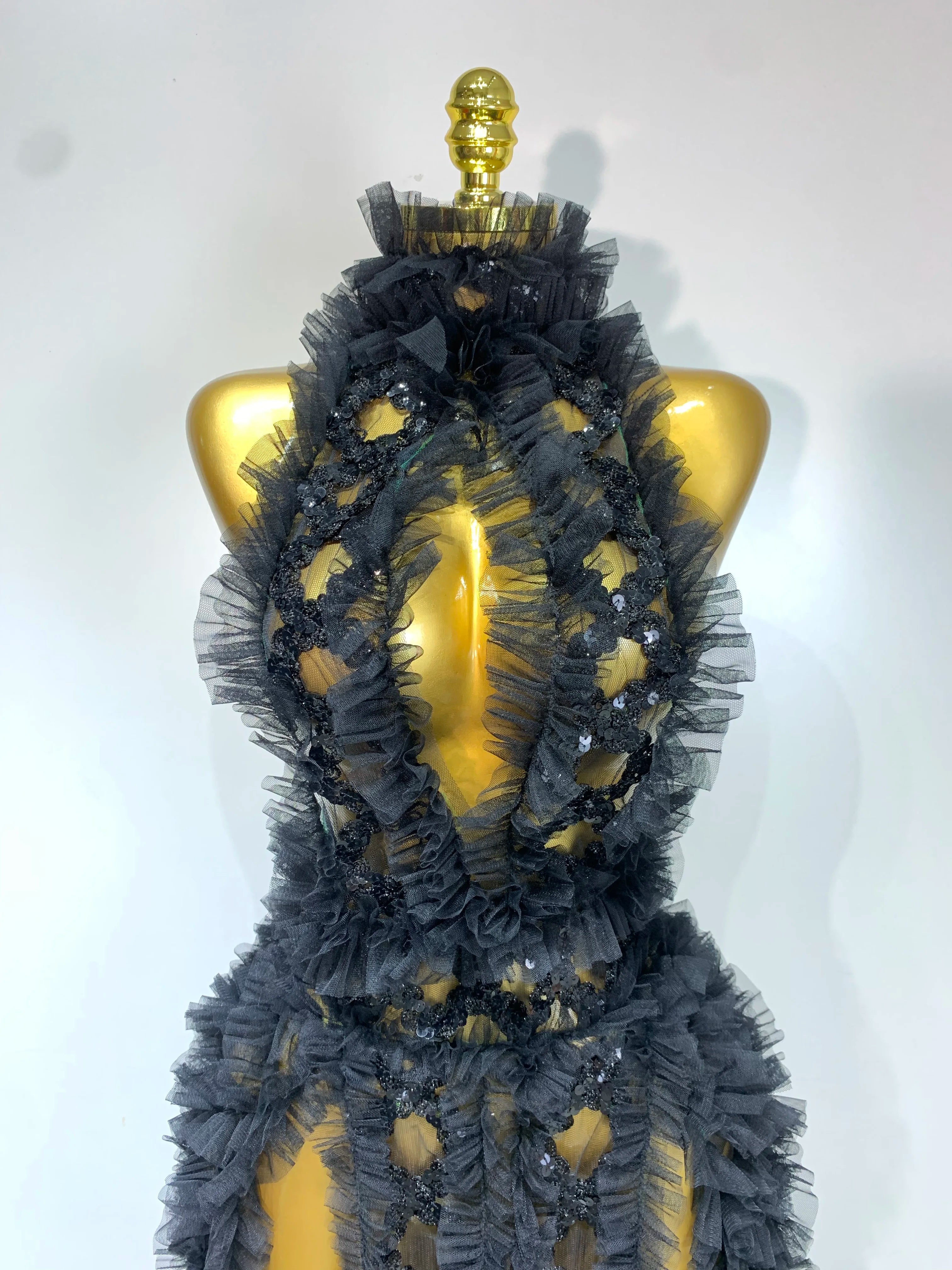 Black Mesh Sequins Sexy Halter See Through Dress 2025 Evening Party Prom Nightclub Singer Performance Costume Stage Wear