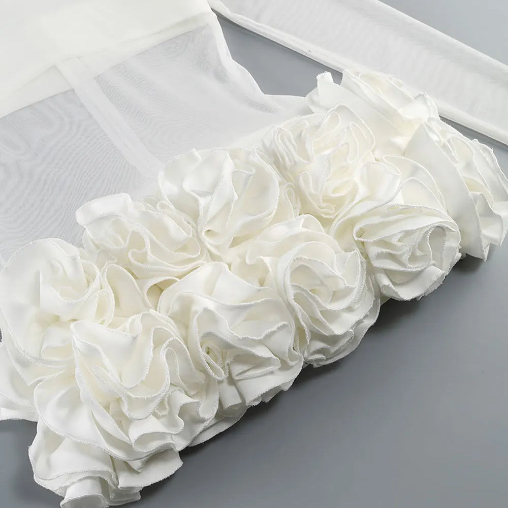 2024 Sexy Women's Perspective Mesh Mini Dress Stand Collar Long Sleeve Bodycon 3D Flower Decoration Dress Evening Party Vestidos