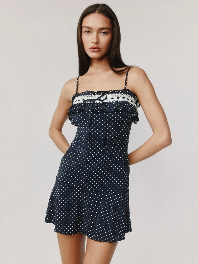 Mozision Spaghetti Strap Polka Dot Mini Dress For Women Robe Contrast Color Off-shoulder Sleeveless Backless Club Party Dress