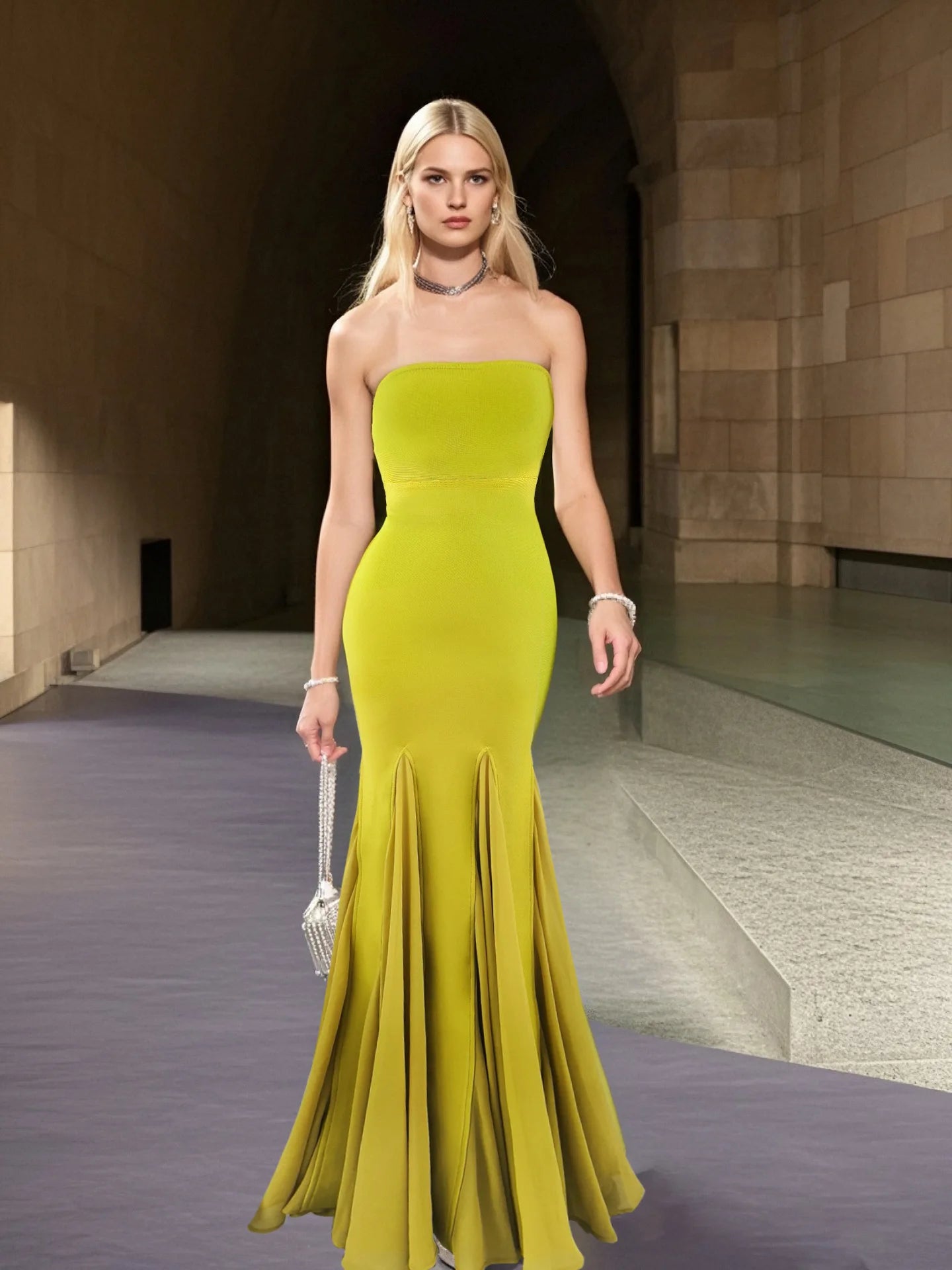 Yellow Color Women Sexy Strapless Bodycon Long Maxi Bandage Dress Celebrate Birthday Vacation Graduation Season Outfit Bright Yellow