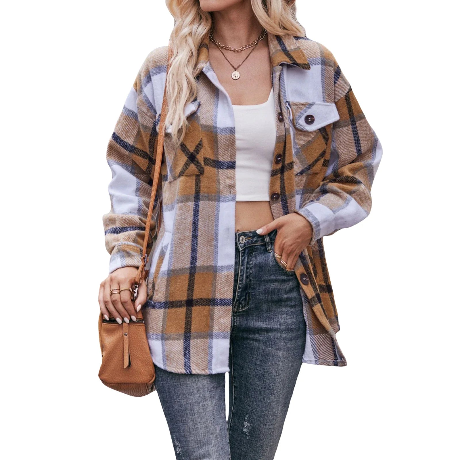 Women s 2023 Autumn Winter Plaid Flannel Button Down Shirts - Stylish Oversized Boyfriend Fit Tops for a Trendy Look Khaki
