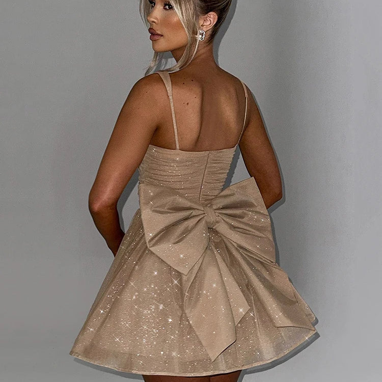 Bow Backless Sexy Mini Dress For Women Robe Spaghetti Strap Sleeveless Backless High Waist A-line Club Dress Vestido