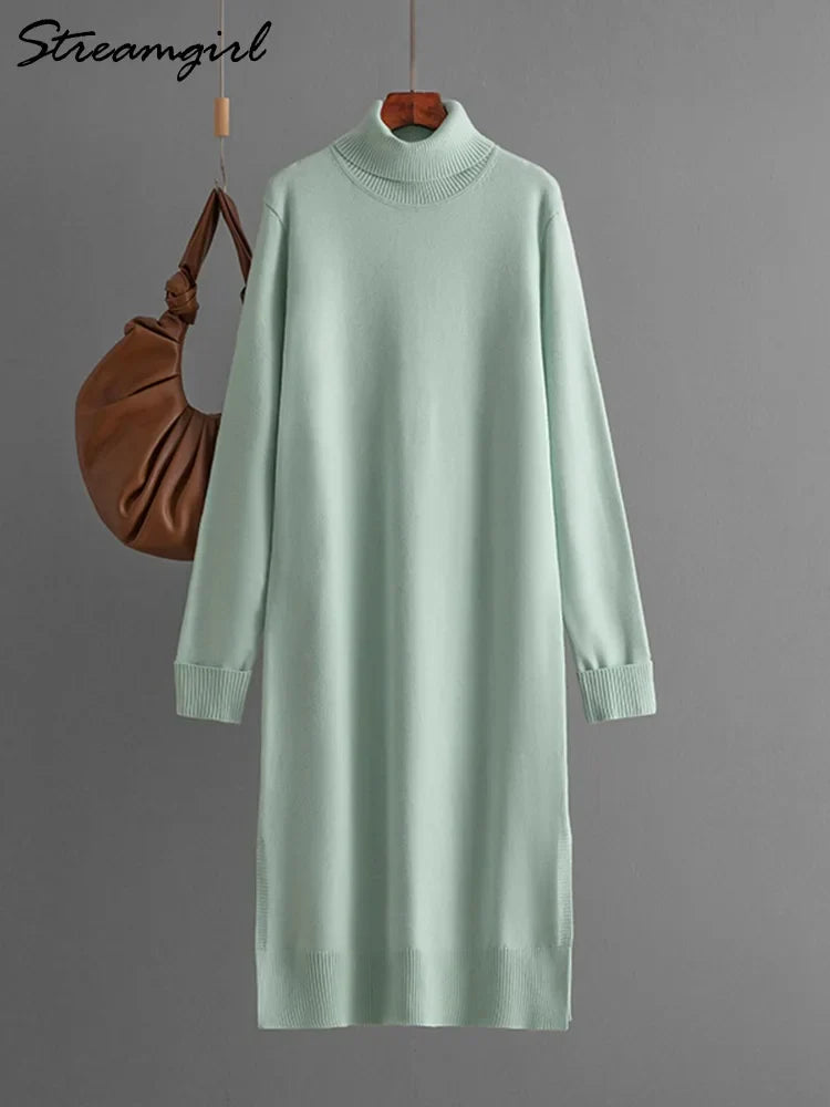 Streamgirl Autumn Turtleneck Slit Dresses For Women Winter Solid Casual Straight Basic Knitted Sweaters Dress Women Elegant