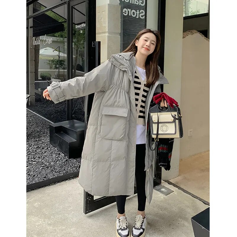 Women's Green Down Jacket Hooded Long Cotton Clothes Winter New Korean Fashion Loose Oversized Warm Thicken Windproof Coat Tops Gray