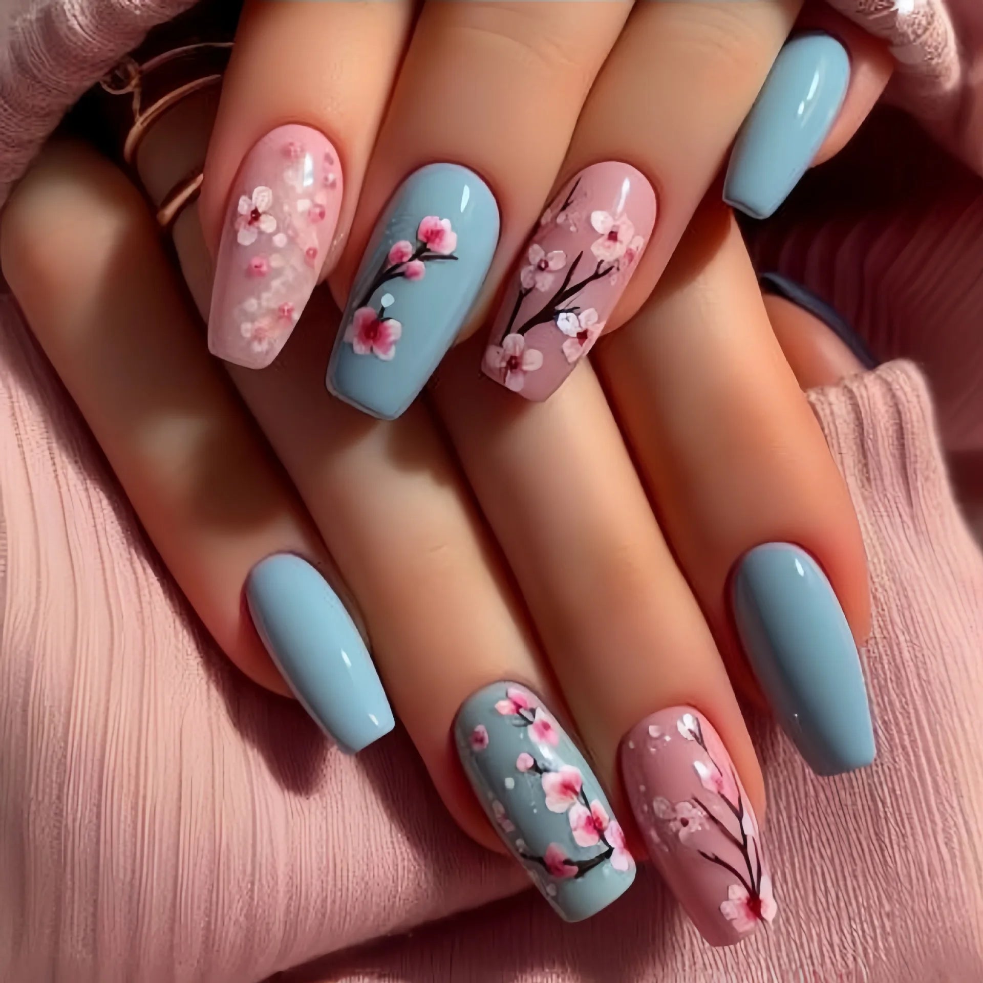 24pcs/set short medium long fake nails for Spring summer season gradient peach flowers butterfly heart press on false nail art 1845