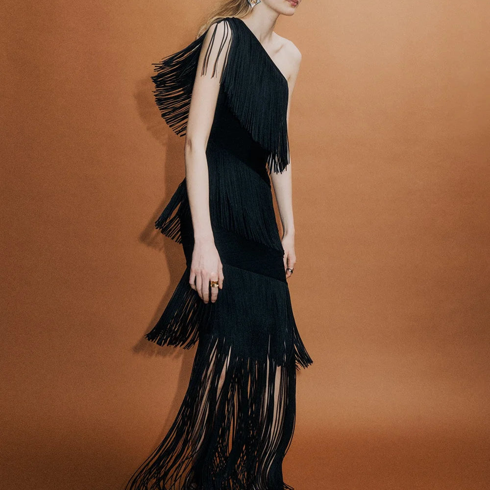 Women's One Shoulder Diagonal Collar Fringe Bandage Long Dress 2025 Summer Tassel Vacation Birthday Evening Night Club Vestidos