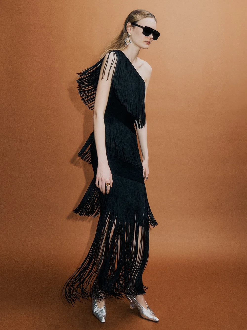 Women's One Shoulder Diagonal Collar Fringe Bandage Long Dress 2025 Summer Tassel Vacation Birthday Evening Night Club Vestidos