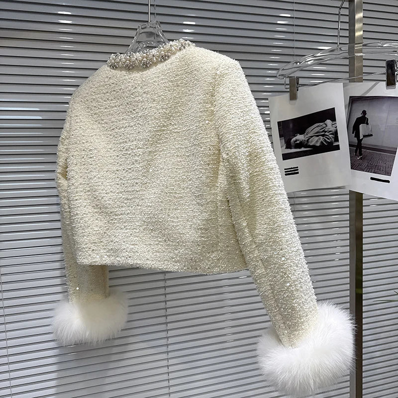 Winter New Fashion Elegant Fox Fur Sleeve Rhinestone Edge Cotton Inner Short Coat For Women High Waist Jacket 11A07769