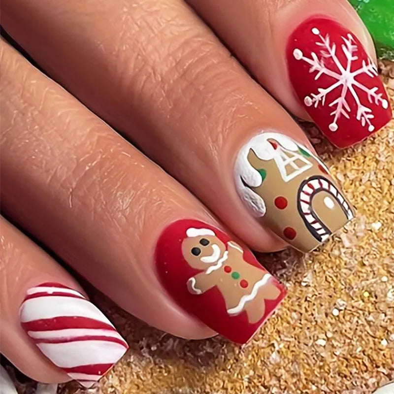 24pcs/set short fake nails for Christmas Square ballet winter false nail tips snow flakes christmas tree snowman press on nails 1607